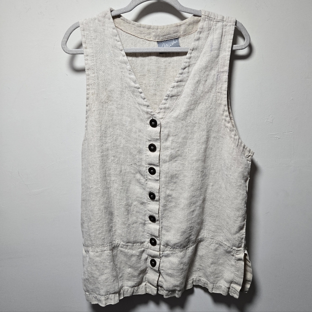 Vintage Linen Button Tank Top Blouse Size Large Lagenlook Cream 90s Mishi